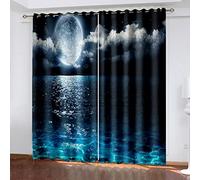 Tende Soggiorno Moderne 2 Pezzi, Stampati In Scena Notturna Di Luna Nell'Oceano Blu 3D Tenda Oscurante Camera Da Letto Bambini Ragazzo Ragazza, Tenda Oscurante Termica Isolante Con Occhielli Per Inter