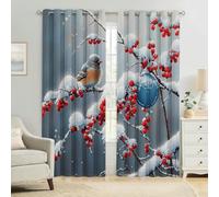 Tende Termiche Oscuranti Bacche rosse e uccellino Set 2 Pannelli 70L x 160A cm Occhielli Poliestere Stampa 3D Soggiorno Cameretta Bambini Camera da Letto