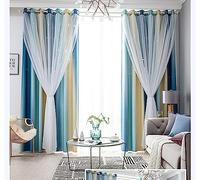 Tende velate in voile con fiocco e stelle, colore giallo e blu, per soggiorno, camera da letto, matrimonio, decorazione per palcoscenico, 140 x 260 cm, 2 pannelli