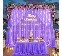 Tende viola con filo di luci per matrimoni, feste di compleanno, 3,5 m x 3,5 m, in tulle trasparente, per addio al nubilato, baby shower, servizi fotografici, decorazioni da parete, 2 pannelli, 12,7 x