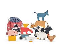 Tender Leaf Toys Animali: Impianto Animali della fattoria 13 x 13 x 13 cm, con 10 animali, carriola e palla di fieno, in una borsa con coulisse, in legno, in scatola 16,1 x 8,2 x 17,6 cm, 3+