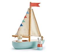 Tender Leaf Toys Barca a Vela in Legno con gagliardetti e Due Bambole di Animali marini - Gioco fantasioso e Sviluppo della Lingua per Bambini