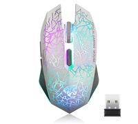 TENMOS M2 Mouse da gioco wireless, silenzioso, ricaricabile, USB, con luce LED a 7 colori, design ergonomico, 3 DPI regolabili per laptop/PC/notebook, 6 pulsanti (bianco)