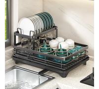 TentHome Scolapiatti in acciaio inox nero, 2 livelli, lavello asciutto e vasellame, supporto per piatti, portautensili, coltelli, taglieri da cucina, scaffale per cucina, scaletta da cucina