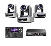 Tenveo Bundle/Kit Telecamera PTZ e Controller 3 Telecamere NDI PTZ 1080P con Tracking AI 30X Zoom, SDI/HDMI/USB3.0/LAN(PoE), Controller Joystick Schermo da 5” e Switch PoE per Live Streaming