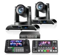 Tenveo Kit Telecamera PTZ e Controller - 2 Telecamere NDI 4K con Zoom Ottico 20X e AI Auto Tracking (LAN/HDMI/USB3.0), Controller Joystick NDI con Schermo 7" e Mixer Video + PoE Switch