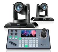 Tenveo Kit Telecamera PTZ e Controller - 2 Telecamere NDI con Auto-Tracking AI 20X, HDMI/USB3.0/LAN(PoE) e1 Controller Joystick PTZ NDI con Screen da 5 Pollici per Live Streaming, Chiese ed Eventi