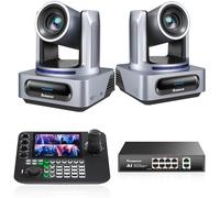 Tenveo Kit Telecamera PTZ e Controller - 2 Telecamere NDI PTZ 4K con Auto-Tracking AI 20X, SDI/HDMI/USB3.0/LAN(PoE) e 1 Controller Joystick NDI con Quad-Screen da 7” + PoE Switch per Live Streaming