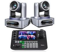 Tenveo Kit Telecamera PTZ e Controller - 2 Telecamere NDI PTZ 4K con Auto-Tracking AI 20X, SDI/HDMI/USB3.0/LAN(PoE) e 1 Controller Joystick NDI con Quad-Screen da 7 Pollici per Live Streaming, Chiese