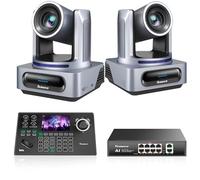 Tenveo Kit Telecamera PTZ e Controller - 2 Telecamere NDI PTZ 4K con Auto-Tracking AI 20X, SDI/HDMI/USB3.0/LAN(PoE) e Controller Joystick NDI con Screen da 5” + PoE Switch per Live Streaming