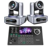 Tenveo Kit Telecamera PTZ e Controller - 2 Telecamere NDI PTZ con Auto-Tracking AI 20X, SDI/HDMI/USB3.0/LAN(PoE) e 1 Controller Joystick PTZ con Screen da 5 Pollici per Live Streaming, Chiese