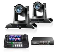 Tenveo Kit Telecamera PTZ e Controller - 2 Telecamere NDI Zoom Ottico 20X e AI Tracking (LAN/HDMI/USB3.0), Controller Joystick NDI con Schermo Quadruplo da 7" e Switch di Rete PoE Gigabit a 8 Porte