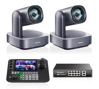 Tenveo Kit Telecamera PTZ e Controller - 2 Telecamere PTZ 4K con Auto-Tracking AI 12X, HDMI/USB3.0/LAN(PoE) e Controller Joystick NDI con Quad-Screen da 7 Pollici + Switch PoE per Live Streaming