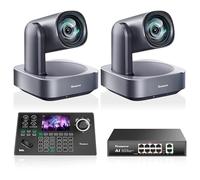 Tenveo Kit Telecamera PTZ e Controller - 2 Telecamere PTZ 4K con Auto-Tracking AI 12X, HDMI/USB3.0/LAN(PoE) e Controller Joystick NDI con Screen da 5 Pollici + Switch PoE per Live Streaming
