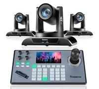 Tenveo Kit Telecamera PTZ e Controller - 3 Telecamere NDI con Auto-Tracking AI 20X, HDMI/USB3.0/LAN(PoE) e1 Controller Joystick PTZ NDI con Screen da 5 Pollici per Live Streaming, Chiese ed Eventi