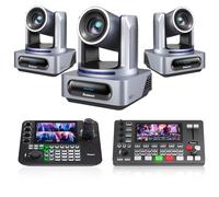 Tenveo Kit Telecamera PTZ e Controller - 3 Telecamere NDI PTZ 4K con Auto-Tracking AI 20X, SDI/HDMI/USB3.0/LAN(PoE) e Controller Joystick NDI con Quad-Screen da 7” e Mixer Video