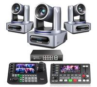 Tenveo Kit Telecamera PTZ e Controller - 3 Telecamere NDI PTZ con Auto-Tracking AI 20X, SDI/HDMI/USB3.0/LAN(PoE) e 1 Controller Joystick NDI con Quad-Screen da 7” e Mixer Video + PoE Switch
