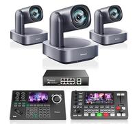 Tenveo Kit Telecamera PTZ e Controller - 3 Telecamere PTZ 4K con Auto-Tracking AI 12X, HDMI/USB3.0/LAN(PoE) e Controller Joystick NDI con Screen da 5 Pollici + Mixer Video + Switch PoE