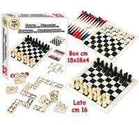 Teorema Giocattoli, 5 Giochi in Legno Riuniti, Set Giochi da Tavolo in Legno con Scacchi, Dama, Backgammon, Domino e Solitario, Scatola Multigioco per Famiglia