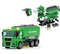 Teorema Giocattoli 67314 - Camion della Spazzatura Giocattolo, con 3 Bidoni e Spazzole, Smonta e Rimonta con Avvitatore a Batteria, 130 pezzi