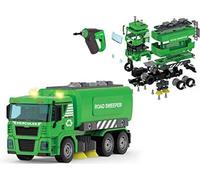 Teorema Giocattoli 67314 - Camion della Spazzatura Giocattolo, con 3 Bidoni e Spazzole, Smonta e Rimonta con Avvitatore a Batteria, 130 pezzi