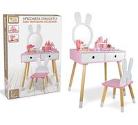 Teorema Giocattoli, Postazione Trucco Bambina, Grande Toeletta in Legno a Tema Coniglietta con Sgabello, Specchio e Accessori, Specchiera Make Up per Cameretta
