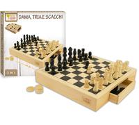 Teorema Giocattoli, scacchiera in legno portatile 3 in 1. Dama, Scacchi e Tria,