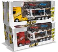 Teorema PLAY CITY Camion Bisarca WJ950 Transport con Quads, Scala 1:30, Movimento a Frizione, Colori Assortiti Rosso e Giallo