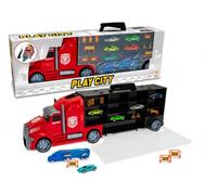 Teorema, PLAY CITY Camion Bisarca Valigetta con 26 Scomparti, con 6 Macchinine, Un Tir e Segnali Stradali, Scala 1:30, Movimento a Frizione, Colori Assortiti Rosso e Nero, Lunghezza 64 cm, Scala 1:64