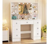 Teousev Toeletta da Trucco con Specchio Apribile, Scrivania Make Up Ampia con Luci Dimmerabili e Guida Video, Postazione Trucco con 7 Cassetti e 6 Ripiani, Bianco, 40×100×140 cm, J4719