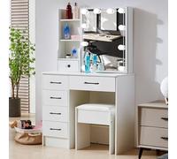 Teousev Toeletta da Trucco con Specchio Scorrevole e Sgabello, Scrivania Make Up Ampia con Luci Dimmerabili e Guida Video, Postazione Trucco con 6 Cassetti e 6 Ripiani, Bianco, 36×80×131 cm, J356