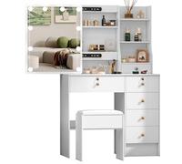 Teousev Toeletta da Trucco con Specchio Scorrevole e Sgabello, Scrivania Make Up Ampia con Luci Dimmerabili, Postazione Trucco con 6 Cassetti e 6 Ripiani, 36×80×131 cm, Bianco, J51206