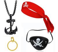 Teouuas 4 Pezzi Set di Accessori per Costume da Capitano Pirata, Include Sciarpa a Testa di Piratas Vintage, Benda da Piratas, Orecchini D'oro, Collana Vintage, per Halloween Carnevale e Feste Tema