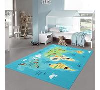 Teppich-Traum Tappeto Cameretta Bambini Mappa Mondo Gioco Apprendimento Continenti e Mari blu, 200x290 cm