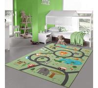 Teppich-Traum Tappeto Cameretta Bambini Tappeto antiscivolo lavabile Tappeto gioco Safari Street Cars Animals verde 120 x 160 cm