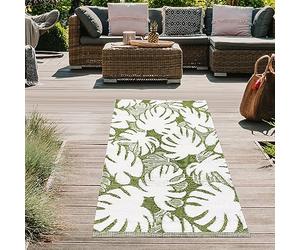 Teppich-Traum Tappeto da esterno in plastica resistente alle intemperie Easy Care Mobile Home Camping Picnic Beach Balcony Rugner Tropical Palm Leaves green white 90 x 150 cm