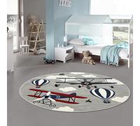 Teppich-Traum Tappeto per Bambini Aereo Tappeto per apprendimento Mongolfiera in Crema Grigio Blu Größe 160 cm Rund