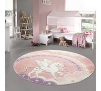 Teppich-Traum Tappeto per Bambini da Gioco dal Design Arcobaleno ed Unicorno Nuvola Cielo in Rosa Crema Größe 160 cm Rund
