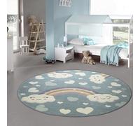 Teppich-Traum Tappeto per Bambini in Camera Arcobaleno con Nuvole e Cuori Blu Größe 120 cm Rund
