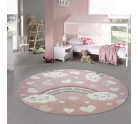 Teppich-Traum Tappeto per Bambini in Camera Arcobaleno con Nuvole e Cuori Rosa Größe 160 cm Rund
