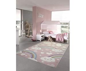 Teppich-Traum Tappeto per Bambini in Camera Arcobaleno con Nuvole e Cuori Rosa Größe 160x230 cm