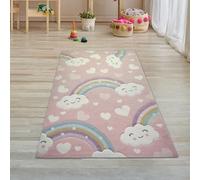 Teppich-Traum Tappeto per Bambini in Camera Arcobaleno con Nuvole e Cuori Rosa Größe 80x150 cm