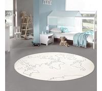 Teppich-Traum Tappeto per bambini, rotondo, con mappa del mondo, morbido, facile da pulire, per cameretta dei bambini, sala giochi, crema, 140 cm, rotondo
