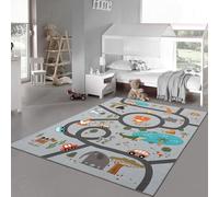 Teppich-Traum Tappeto per bambini Tappeto per la cameretta dei bambini lavabile antiscivolo Tappeto gioco Safari Roads Cars Animals antiscivolo grigio 160 x 220 cm