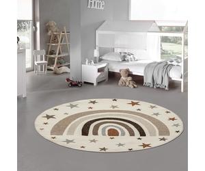Teppich-Traum Tappeto per la camera dei bambini stanza dei giochi facile da pulire stelle arcobaleno crema brillante e robusto, 120 cm Rotondo