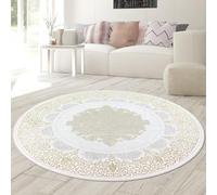 Teppich-Traum Tappeto Soggiorno Camera da letto 160 cm rotondo a pelo corto Orientale elegante ed elegante Ornamenti Effetto lucido Mäander crema oro
