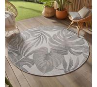 Teppium Tappeto Outdoor Rotondo 120 cm Grigio, Resistente alle Intemperie e UV, Tappeto Balcone Terrazza Giardino Indoor Outdoor, Design Foglie di Palma Facile da Pulire
