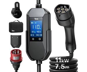 Tera Mobile Wallbox EV Caricatore Tipo 2: 11 kW 400 V 7,5 m 6-16 A Display 2,8" Trifase CE & IP66 Cavo di ricarica con borsa Accessori per auto elettrica Adattatore EV P06