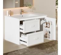 Terahanda 76 x 46 x 51 cm, mobile sospeso da bagno, completamente laccato, illuminazione a LED con sensore radar, due cassetti, guide scorrevoli silenziose, lavabo integrato (bianco)
