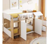 Terahanda Letto a castello 90x200, con spazio contenitore aperto, con scaletta, letto a castello a mezza altezza, letto a castello in legno massello senza materasso (Colore legno + bianco)
